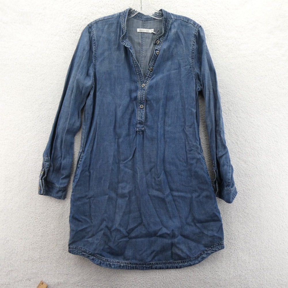 Kenneth Cole Reaction Dress Womens Medium Denim Blue Henley Long Sleeve Chambray